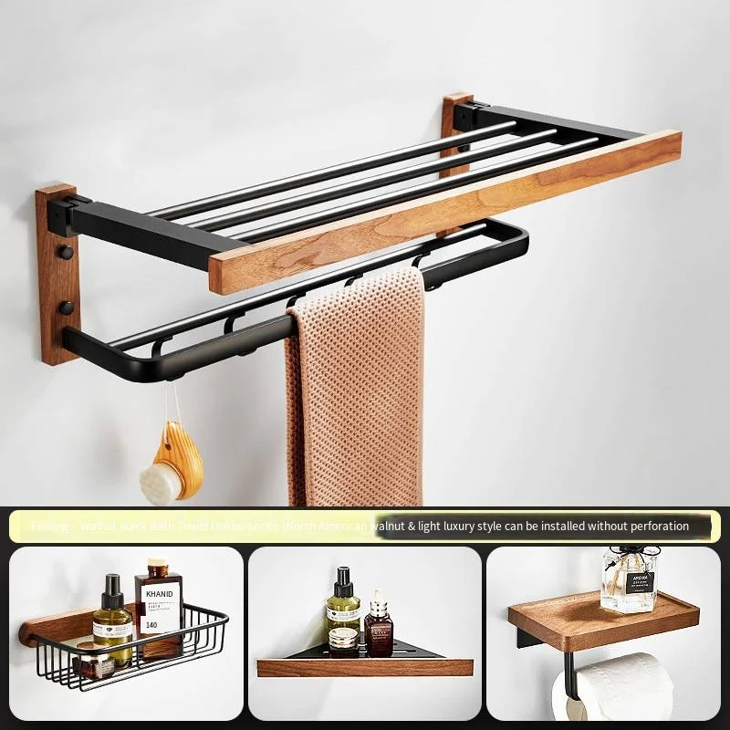

Punch-free walnut folding bath towel rack bathroom wall hanging rack toilet paper rack corner rack towel hanging paper basket pe