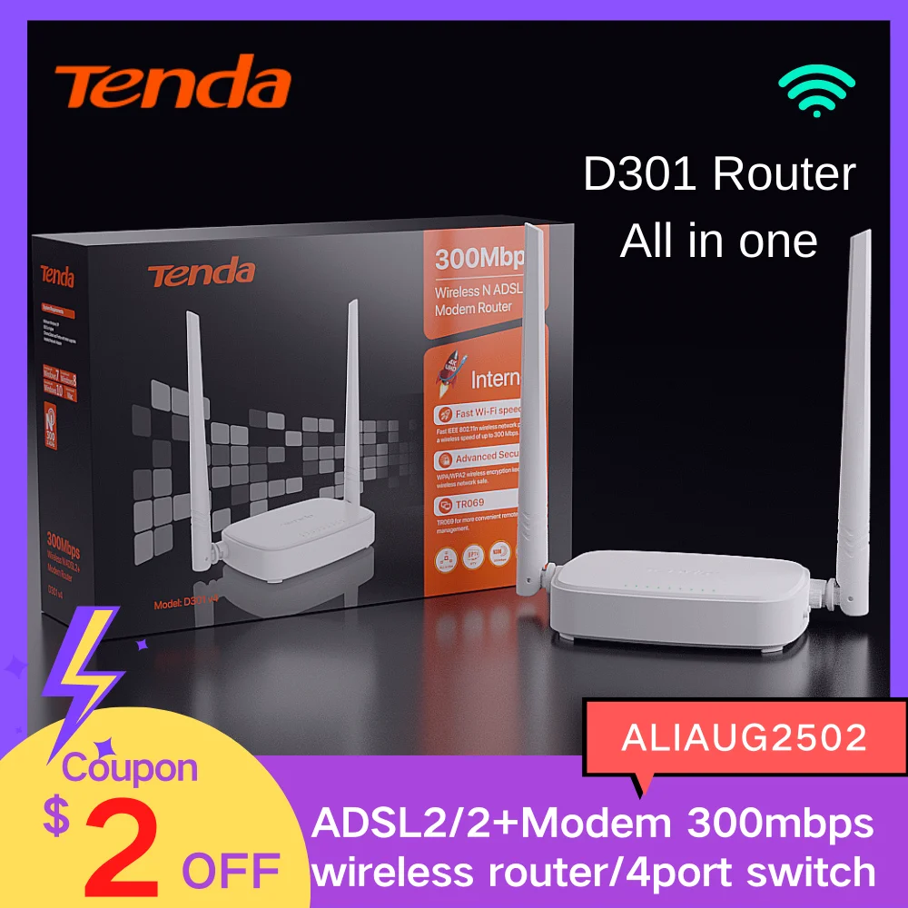 Tenda D301 300Mbps Wireless Router WiFi ADSL Modem Router network gigabit 4p Switch all in Wifi Router Support Ethernet WAN IPTV
