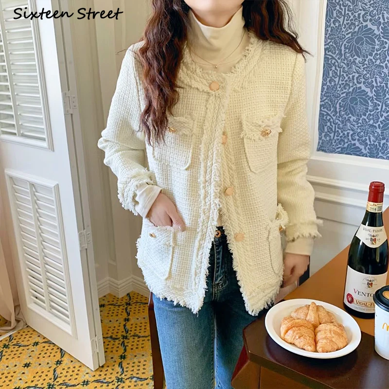 Женская твидовая куртка на пуговицах элегантное белое шерстяное Укороченное