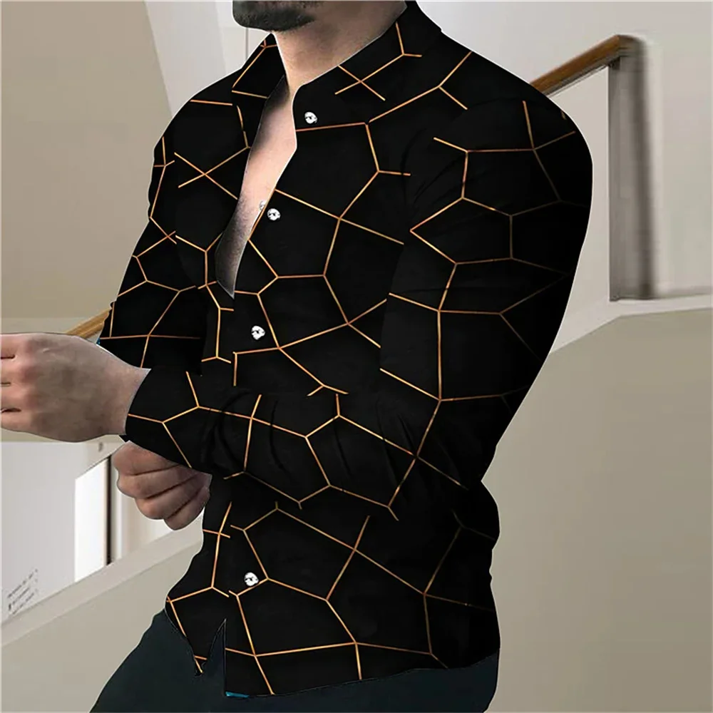 New Men's High Quality Luxury Prom Fashion Social 3D Line Graph Print Polo Button Fashion Designer Long Sleeve Men's Shirt 2023