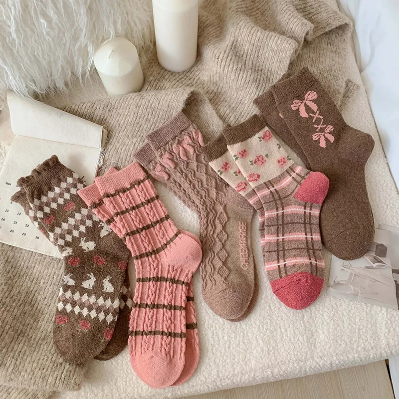 

Зимние шерстяные женские носки, кашемировые розовые милые коричневые носки Харадзюку с бантом, милые длинные носки, мягкие теплые носки для девушек, уличная одежда