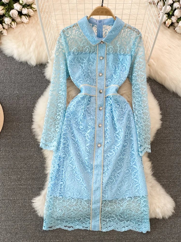 

2023 Spring Vintage Hollow Out Lace Dress Water Elegant Splice Long Sleeve Single Breasted Waist Knee-length Shirt Vestidos