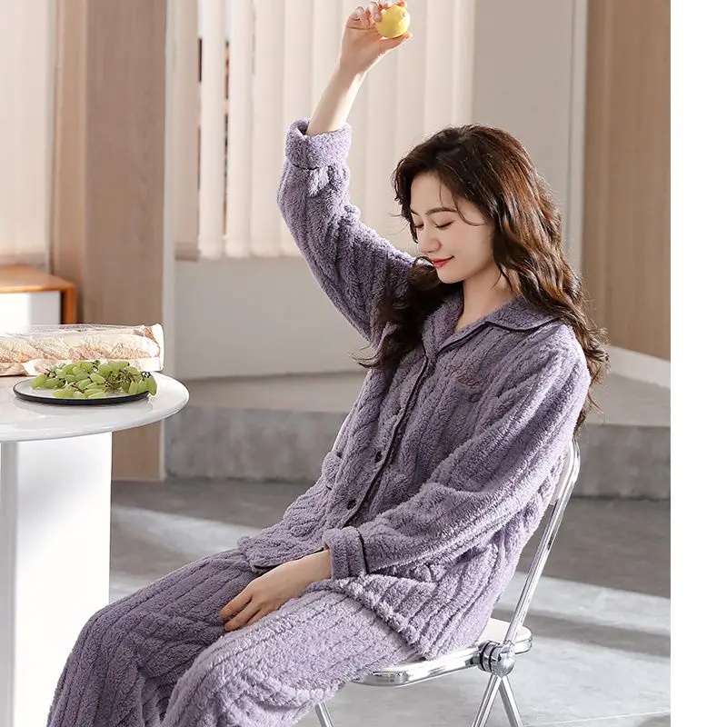 pajamas for womens flannel winter thicken warm long sleeve nightwears woman two pieces sets sleepwear clothing female clothes
