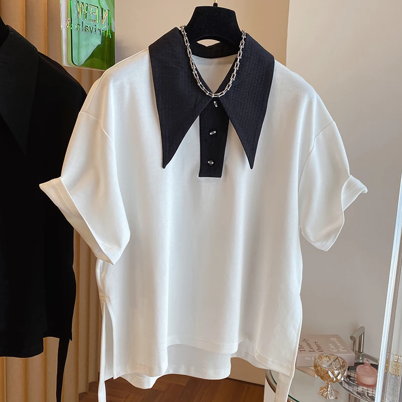 

Elegant Polo Collar Short Sleeve Blouse Women Summer 2023 Fashion Loose Drop Tops Office Lady Casual Shirt Women Clothing 27516