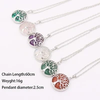fashion hollow tree of life pendant necklace for women round natural stone crystal charm clavicle chain jewelry for party gifts