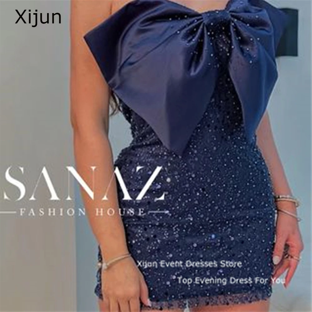 

Xijun Glitter Navy Blue Evening Dresses Sequined Bow Short Prom Dresses Sleeveless Sexy Prom Gowns Formal vestidos de novia 2023