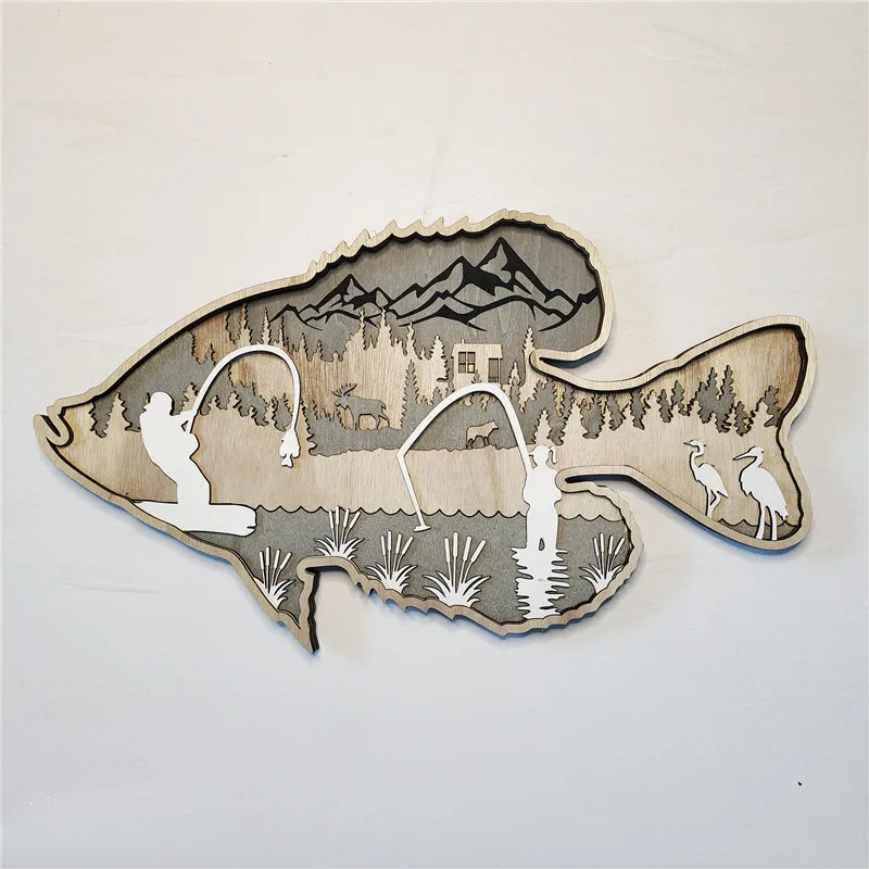 

Деревянный подвесной орнамент силуэт рыбалки Отца и Сына искусство окуня в форме лосося настенный Декор для дома бара ресторана дома
