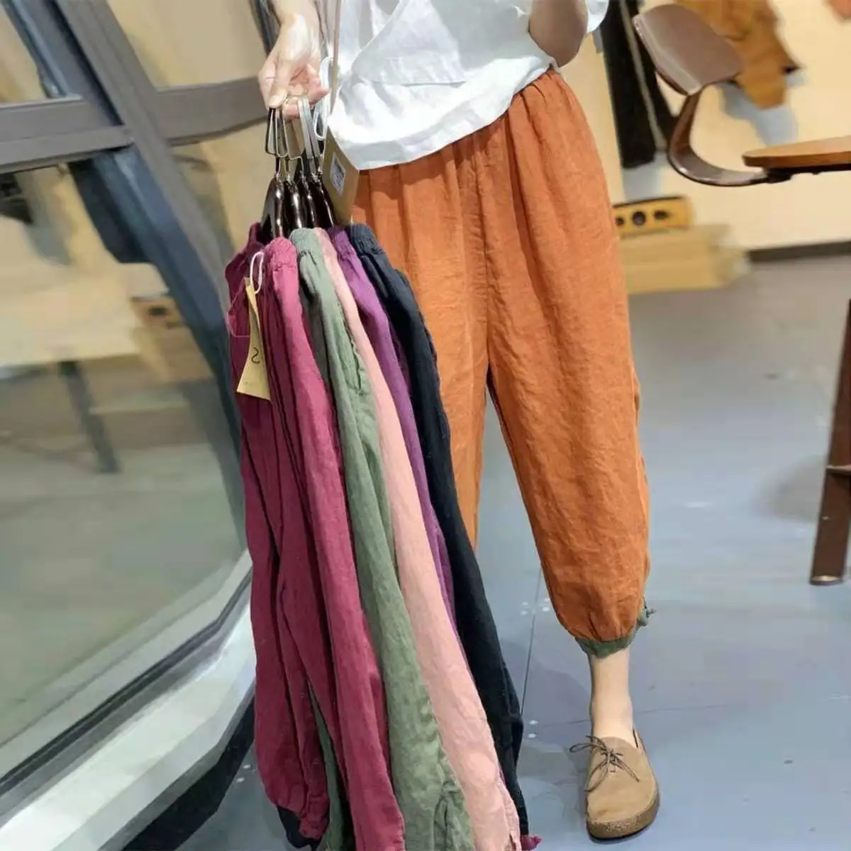 

95 Cotton Summer New original Art Retro Style Clash Color Harun Pants Loose Casual Slim Cotton And Linen Nine Minutes Pants Wome