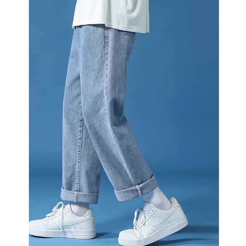 Streetwear Jeans Men's Fashion Solid Color Denim Straight-Leg Pants Trousers Summer Casual Loose Button Mid Waist Wide Leg Jeans