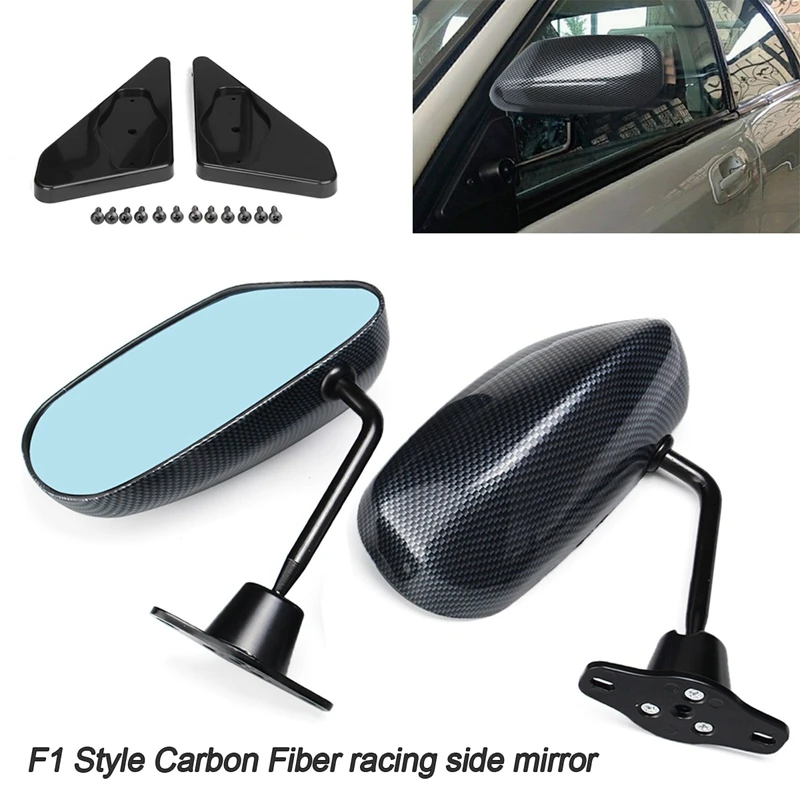 

2X Universal Car Carbon Fiber Autos Blue Rear View Mirror F1 Carbon Look Racing Side Mirror Glass & Wide Angle Bracket