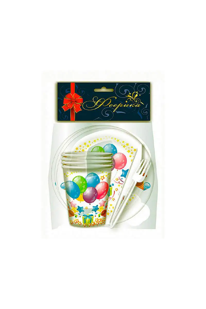 Набор посуды Феерика воздушные шары тарелки+стаканы 200мл+вилки+ножи по 6шт ф-603 |