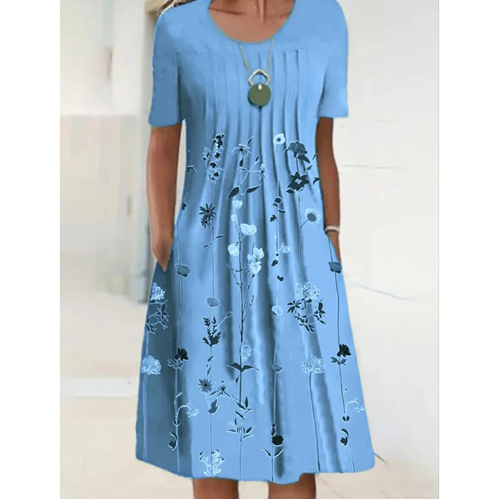 

Women Dress O-Neck Short Sleeve Side Pockets Casual Dress Summer Floral Print Pleated A-Line Midi Dress Lady Clothing Streetwear