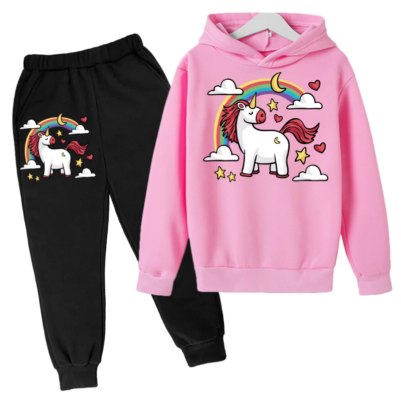 

Winter Cotton hoodie Cute Unicorns Solid Solor Printing Hoodie Suit Cotton Kids Top+Pant 2Piece Children Clothing Set 4-14Y