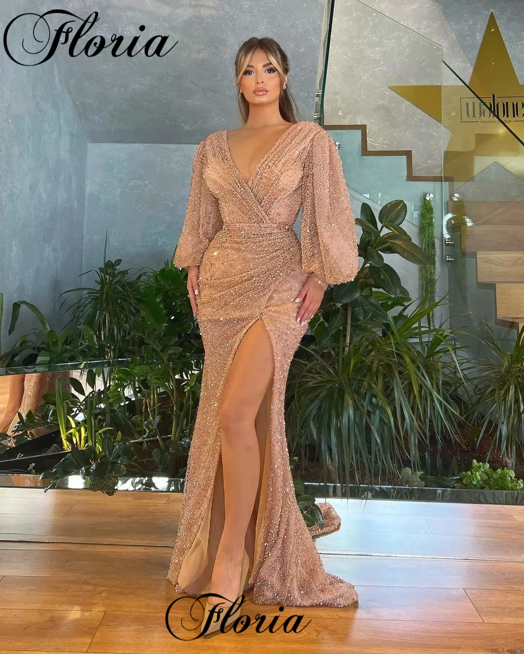 

Plus Size Mermaid Prom Dresses With Side Slit V-Neck Long Sleeves Wedding Guests Dresses Vestidos De Noche Cocktail Dresses