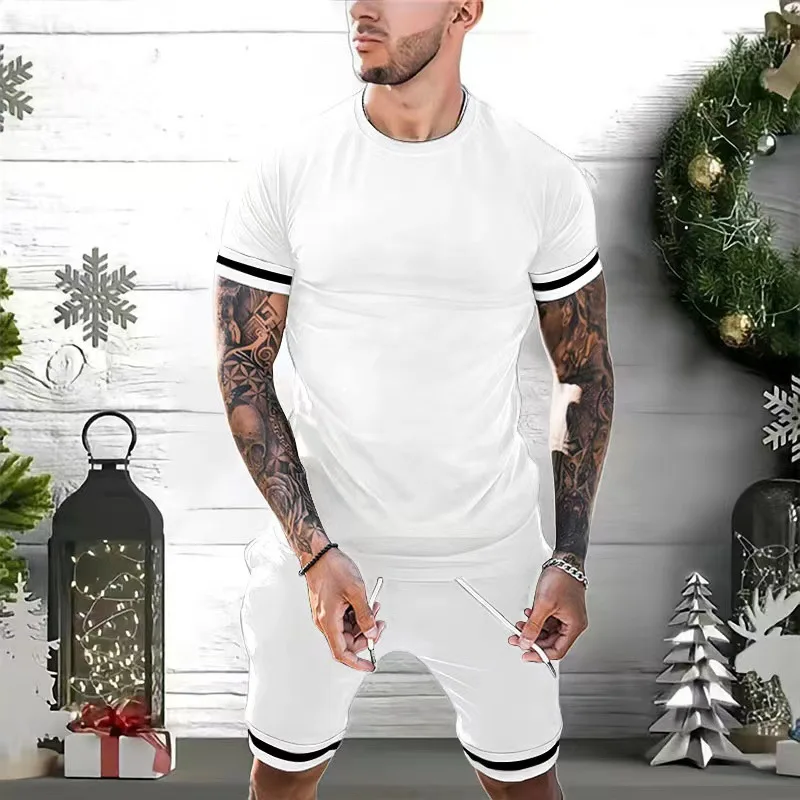 2023 summer men's suit stitching T-shirt + shorts 2 sets of casual breathable sportwear 3D printed fashion novel short-sleeved t