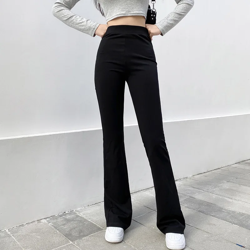 Women Fashion Elastic Waist Black Flared Pants Office Lady Pants High Waist Wide Leg Trousers Casual Hipster Streetwear Pants