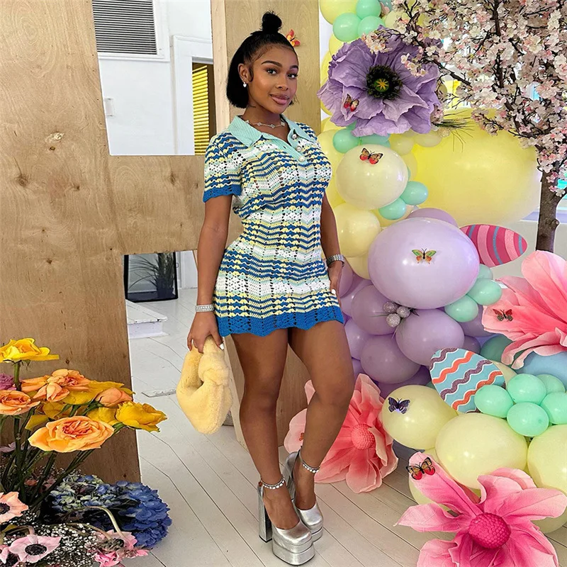 

Crochet Wavy Dress Women Summer 2023 Short Sleeve Polo Button Mini Bodycon Skinny Elastic Vintage Fashion Streetwear