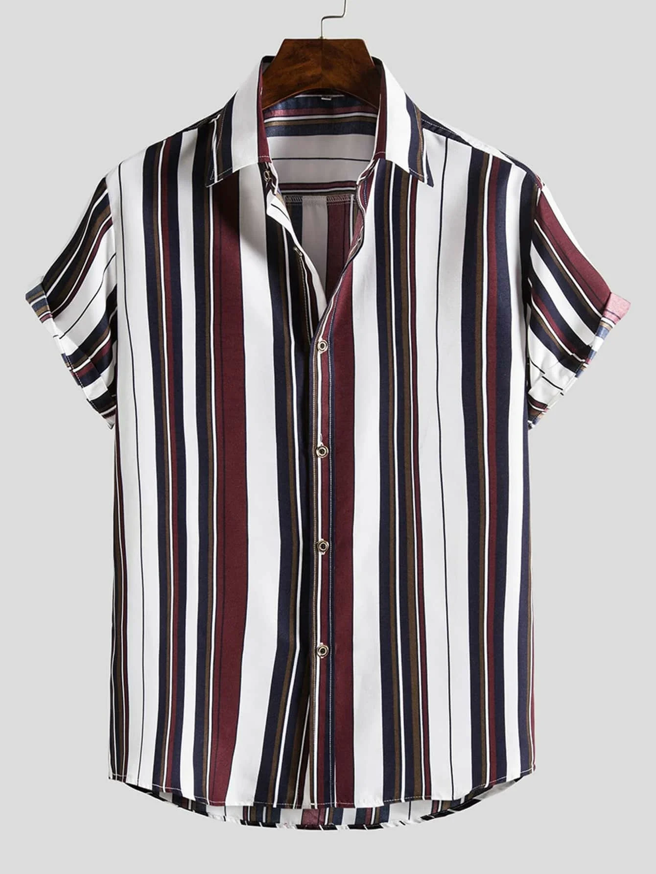 

Men Vertical Striped Curved Hem Shirt
