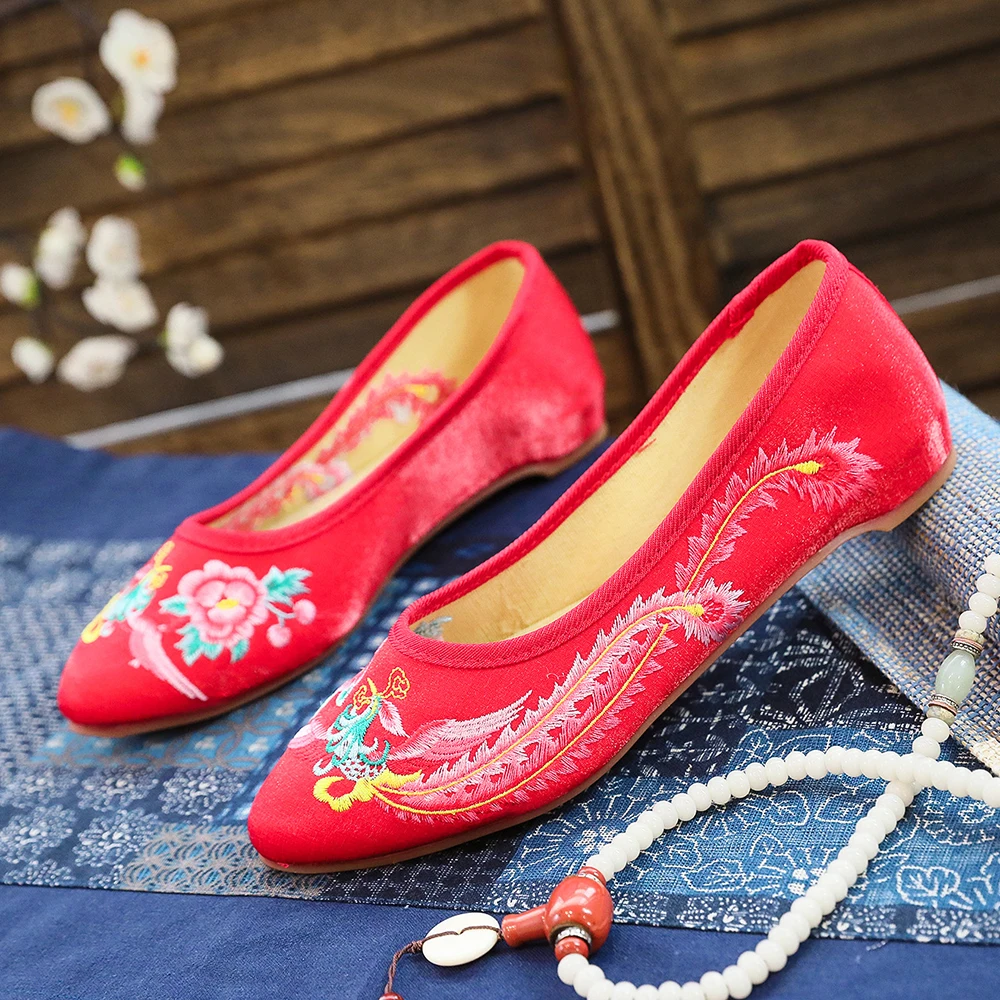 Женские бархатные балетки Veowalk с вышивкой Феникс хлопковые на плоской подошве