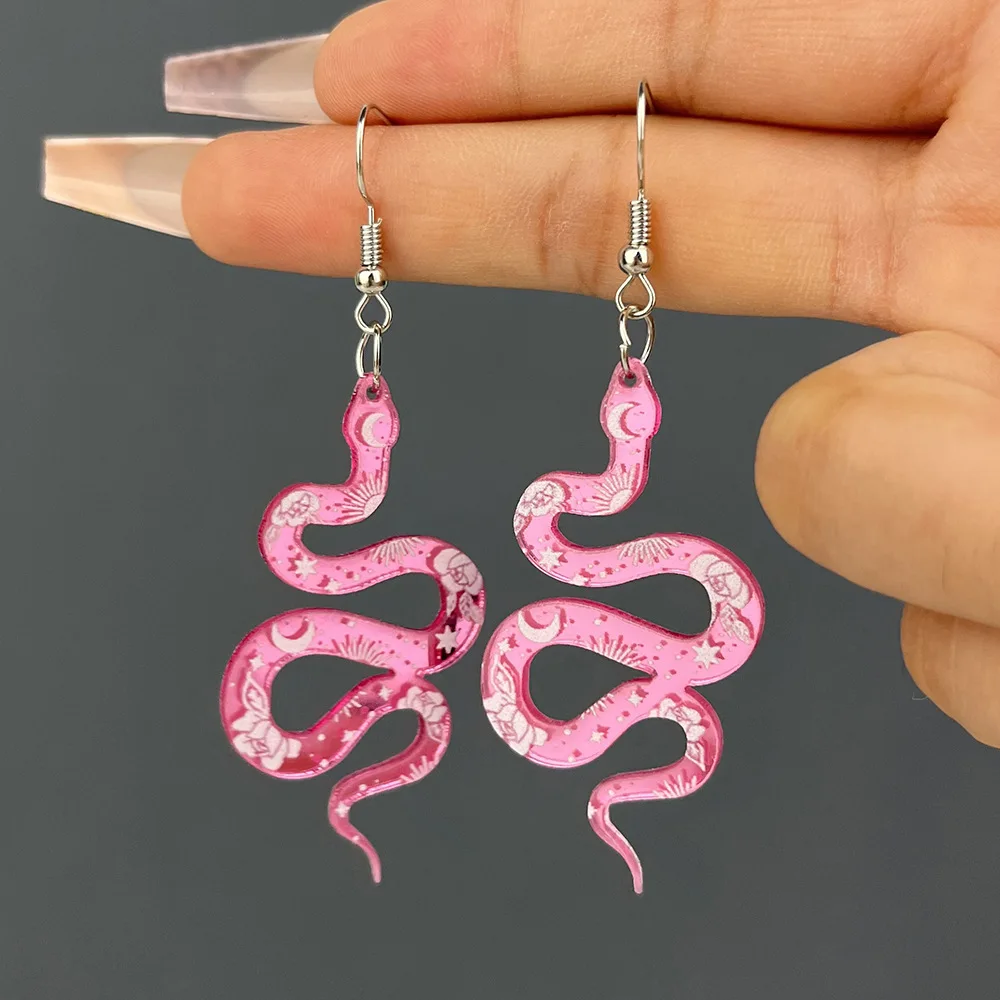 

Magic Color Acrylic Snake Charm Earrings Women Girls Moon Star Pattern Snake Pendant Ear Hook Goth Jewelry Accessories Gift New