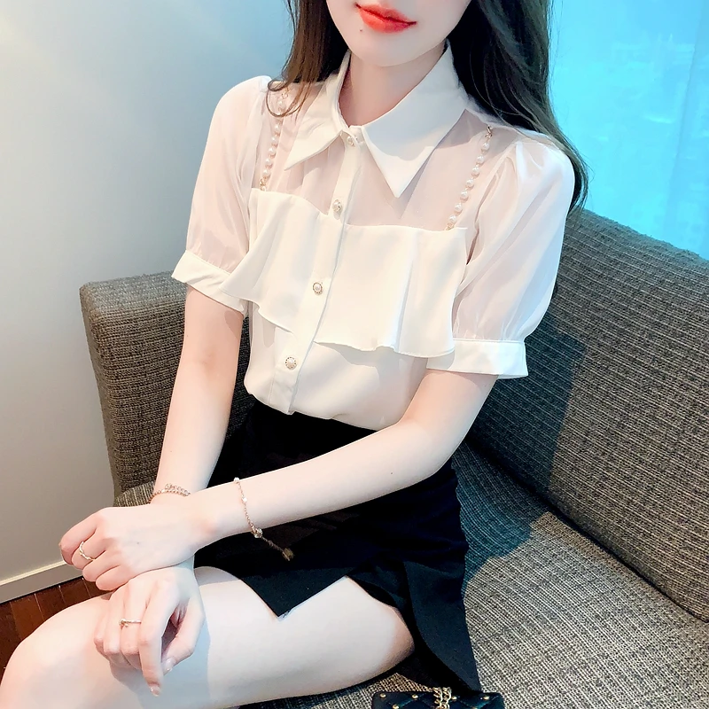 Женская шифоновая блуза с коротким рукавом отложным воротником и бисером