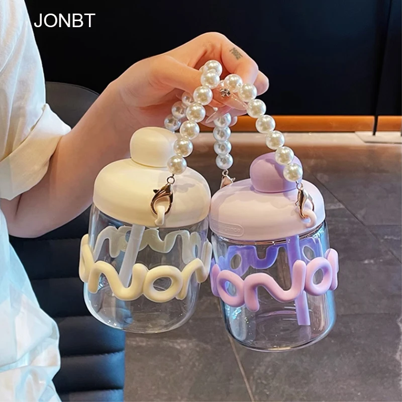 

Kawaii Water Bottle With Pearl Strap Sleeve For Girl Plastic Coffee Milk Tea Cup Travel Portable Insulated Straw Drink Bottle
