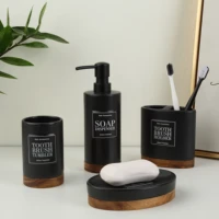 ceramic bathroom accessories set 4pcs soap dispenser tumbler toothbrush holder soap dish acacia wood