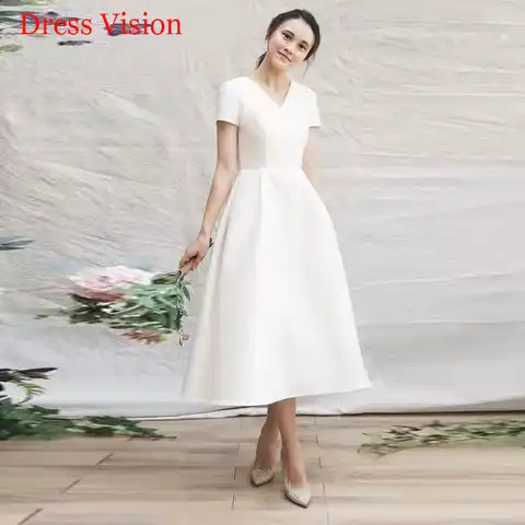 New Style Simple Satin V-neck Wedding Dresses Tea Length Short Sleeves Wedding Dress For Bride Vestido De Novias 2022