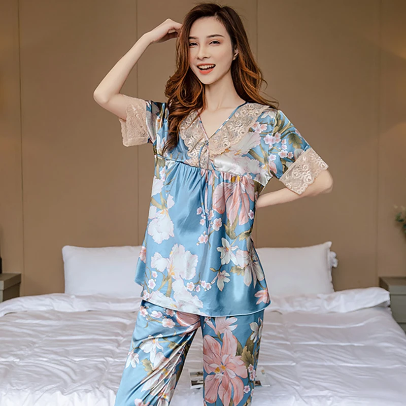 Ice Silk Pajamas Female Summer Short Sleeve Trousers Thin Style Sexy Silk Pajama Sweet Summer Satin Home Clothes Two-piece Set