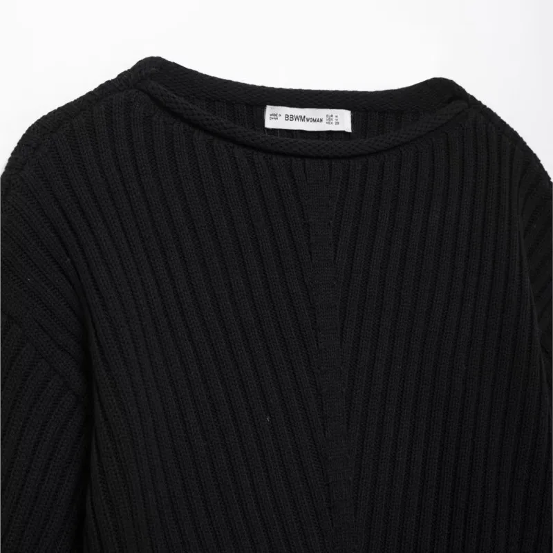 TRAF осенние женские вязаные короткие пуловеры в рубчик для повседневного