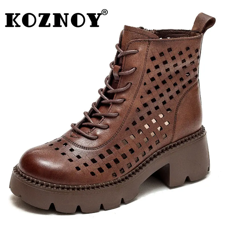 

Koznoy 6cm Women Moccasins Natural Cow Genuine Leather Ankle Mid Calf Boots Summer Hollow Sandals Flats Designer Ladies Shoes