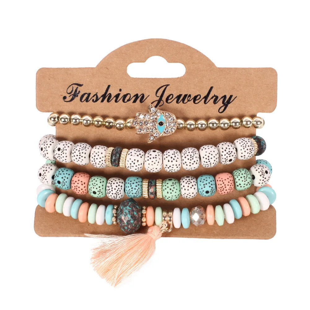

Boho Evil Eye Tassel Bracelet Set For Women Stone Beads Chain Handmade Bangle Female Fashion Party Jewelry Gift