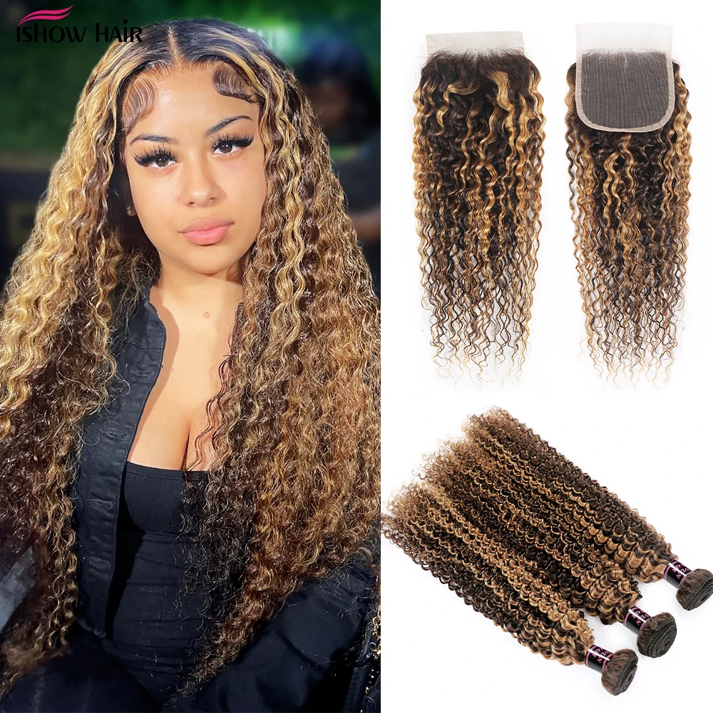 

Ishow Highlight Kinky Curly Human Hair Bundles With Closure Remy Curly Wave Bundles With Closure P4 27 Highlight Ombre Color