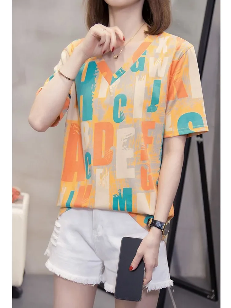 Футболка женская оверсайз с V-образным вырезом базовая Повседневная Свободная