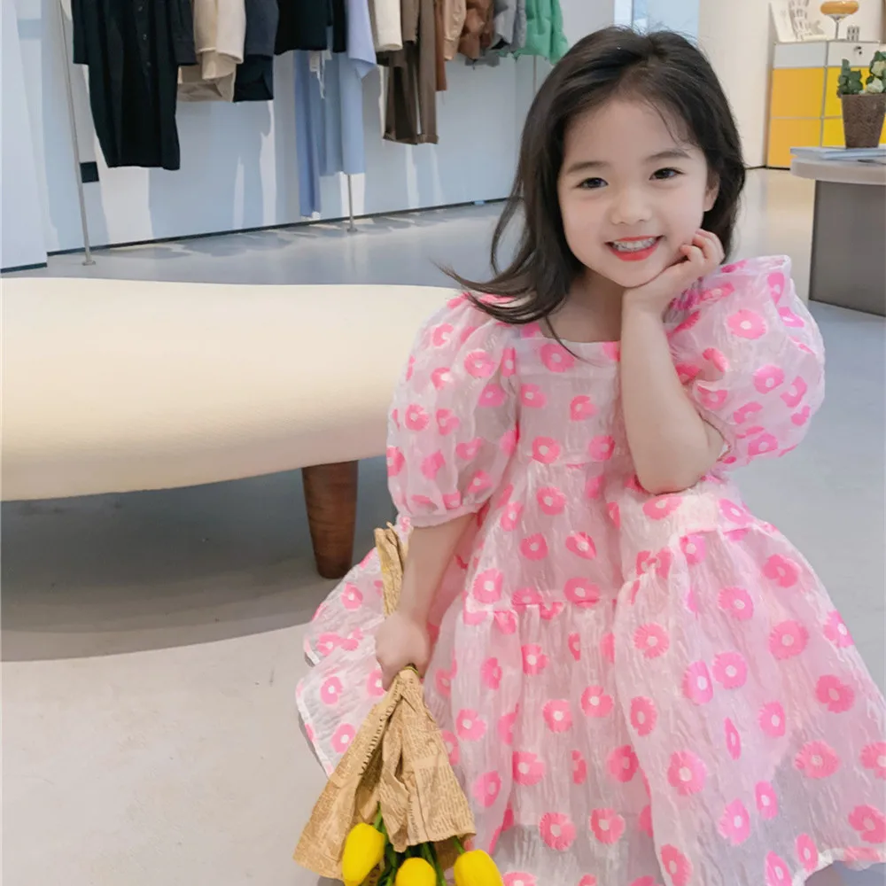 

Детская одежда в Корейском стиле для девочек, Новинка лета 2022, розовое жаккардовое милое платье принцессы