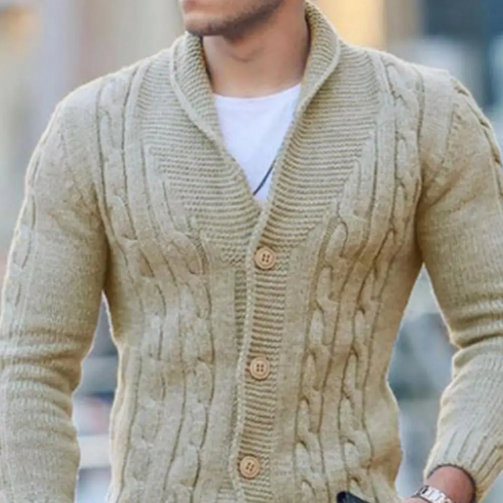 Men Sweater Coat Solid Color Single-breasted Twisted Texture Lapel Slim Fit Autumn Buttons Knitted Sweater for Daily Wear
