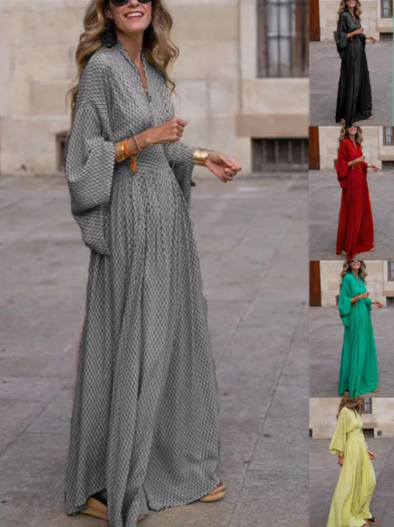 Женское осеннее длинное платье с v-образным вырезом и рукавами-фонариками