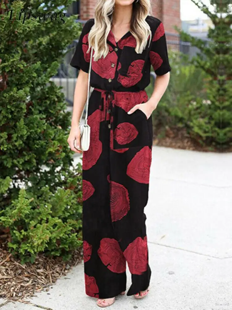 

Vintage Floral Print Work Wide Leg Overalls Summer Women Short Sleeve Long Rompers Ladies Casual Lapel Button Lace Up Jumpsuits