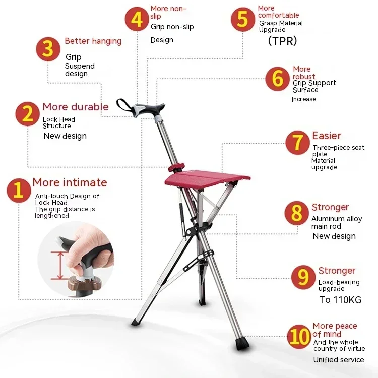 Уличный складной стул-костыль для отдыха пожилых людей легкий нескользящий