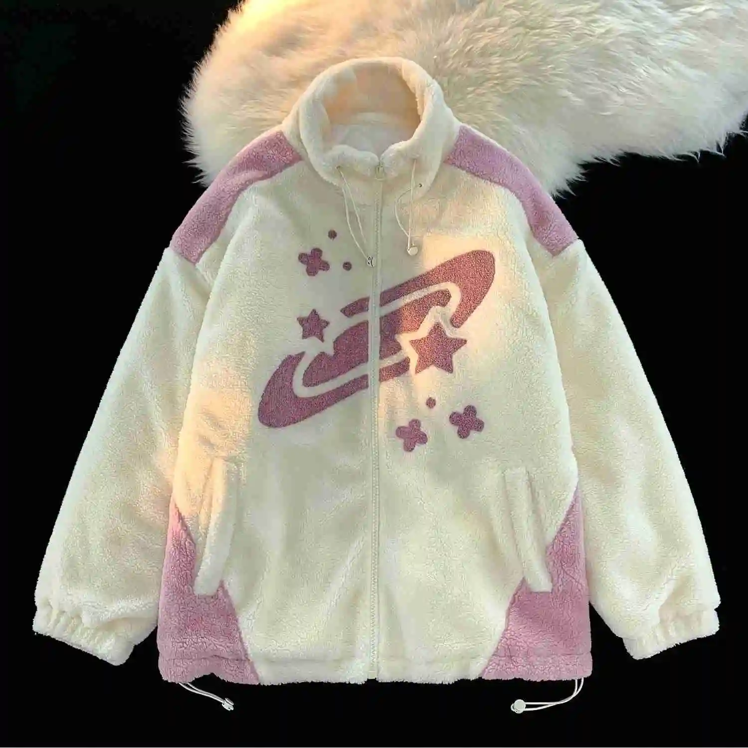 

Dinboa-y2k Clothes Print Women Jacket Winter Warm Zipper Flannel Parka Harajuku Lambswool Top Streetwear Loose Couple Hoodiecoat