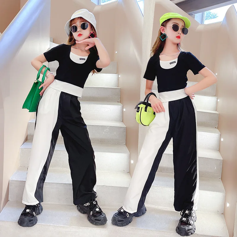 

Girls Summer Short Sleeve Outfits Children T-shirts & Wide Leg Pants 2pcs Set Kids Casual Sport Clothes 5 6 7 8 9 10 11 12 14 Y