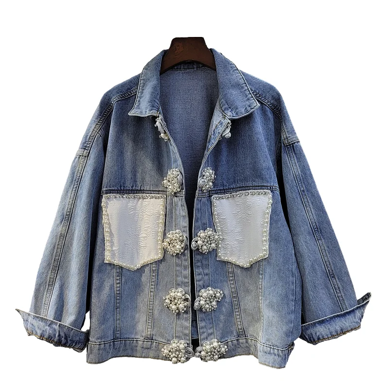 

Diamonds Splicing Big Pocket Denim Jackets Women Loose Short Pearl Button Cowboy Outwear Autumn Fashion Blue Jeans Jacket Female
