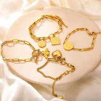 explosive personality creative fashion stainless steel layered gold pendant bracelet ladies retro round brand bracelet jewelry