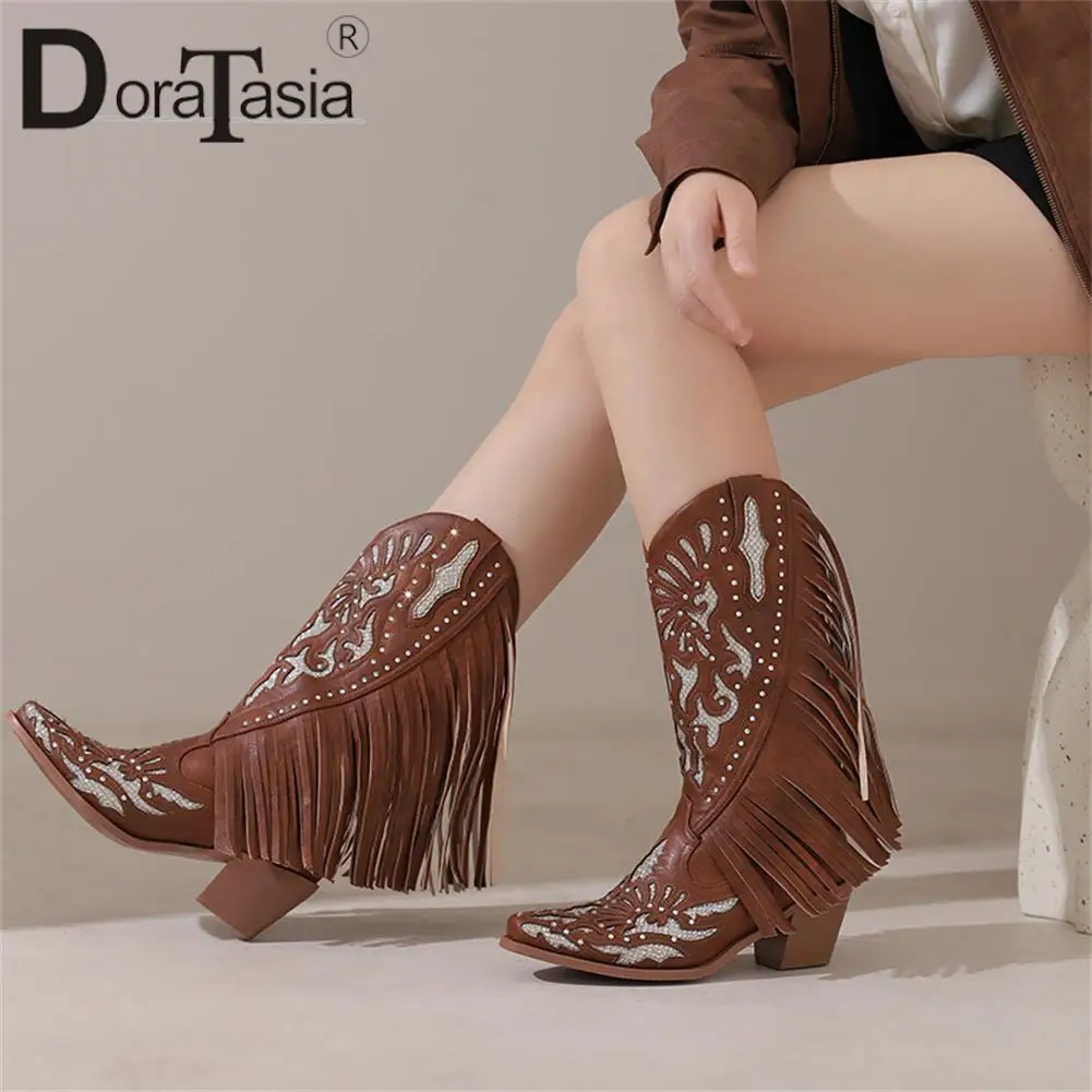 Plus Size 46 Brand New Ladies Cowgirl Boots Fashion Embroidered Fringe Chunky High Heels women's Boots Party Western Shoes Woman