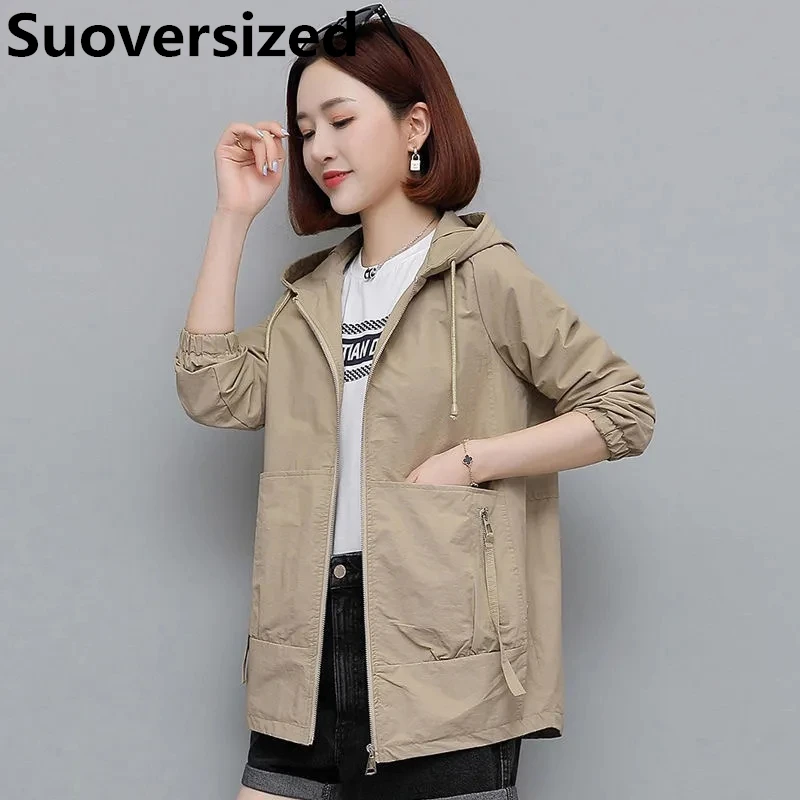 

Hooded Women's Oversized 4xl Khaki Coats Spring Fall Loose Fashion Streetwear Jackets Korean Casual Long Sleeve Outerwear