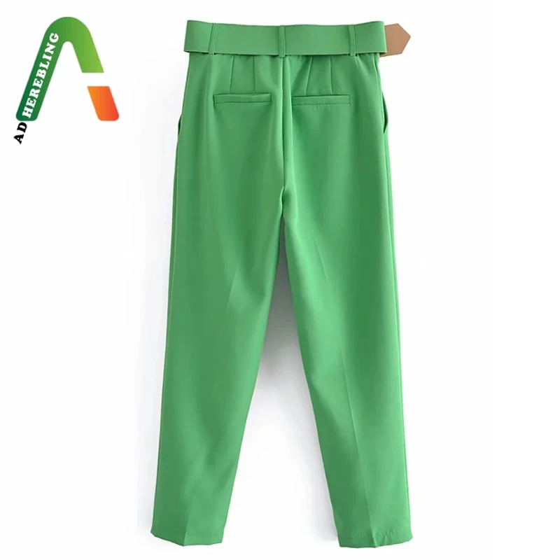 Женские брюки с поясом Adherebling Traf офисные прямые до щиколотки высокой талией и