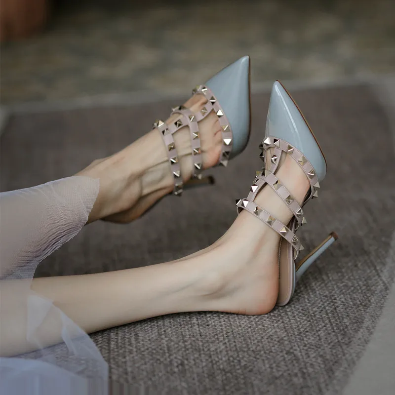 For Women's Shoes Brand High Heels Shoes Summer Sandals Leather Designer Rivet Pumps Casual Pointed Toe Slippers 6cm 8cm 10cm