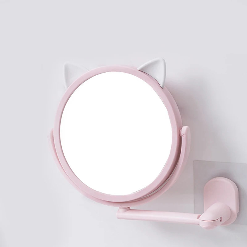 

1 Pc Sticky Wall Hanging Folding Rotating Telescopic Lovely Makeup Cartoon Ears Self-Adhesive Rotating Plastic Bathroom Miror