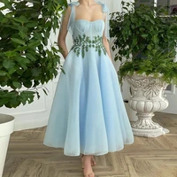 sumnus blue prom dresses 2022 a line spaghetti straps beaded tea length party gown backless robes de cocktail dress for teens