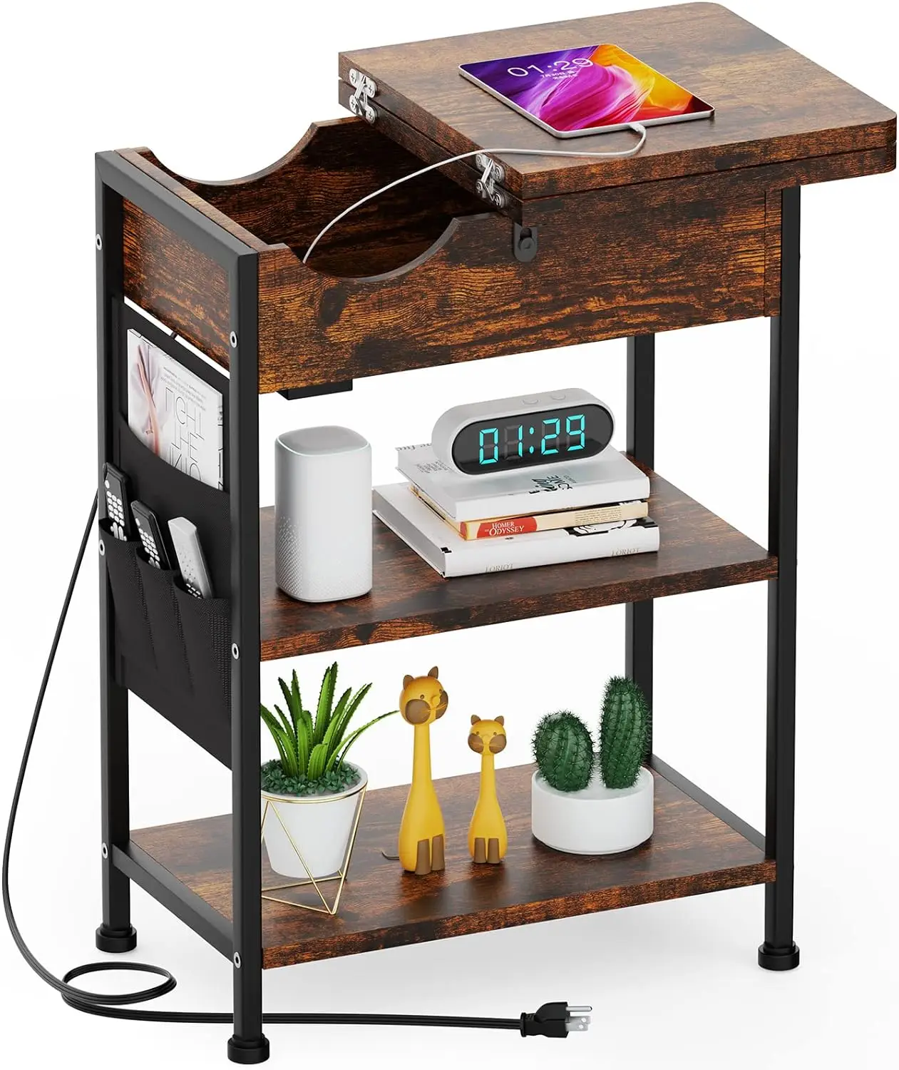 

Стол с зарядной станцией, узкий боковой стол с USB-портом и выходом, откидная тумбочка с полкой для хранения, сумка для хранения